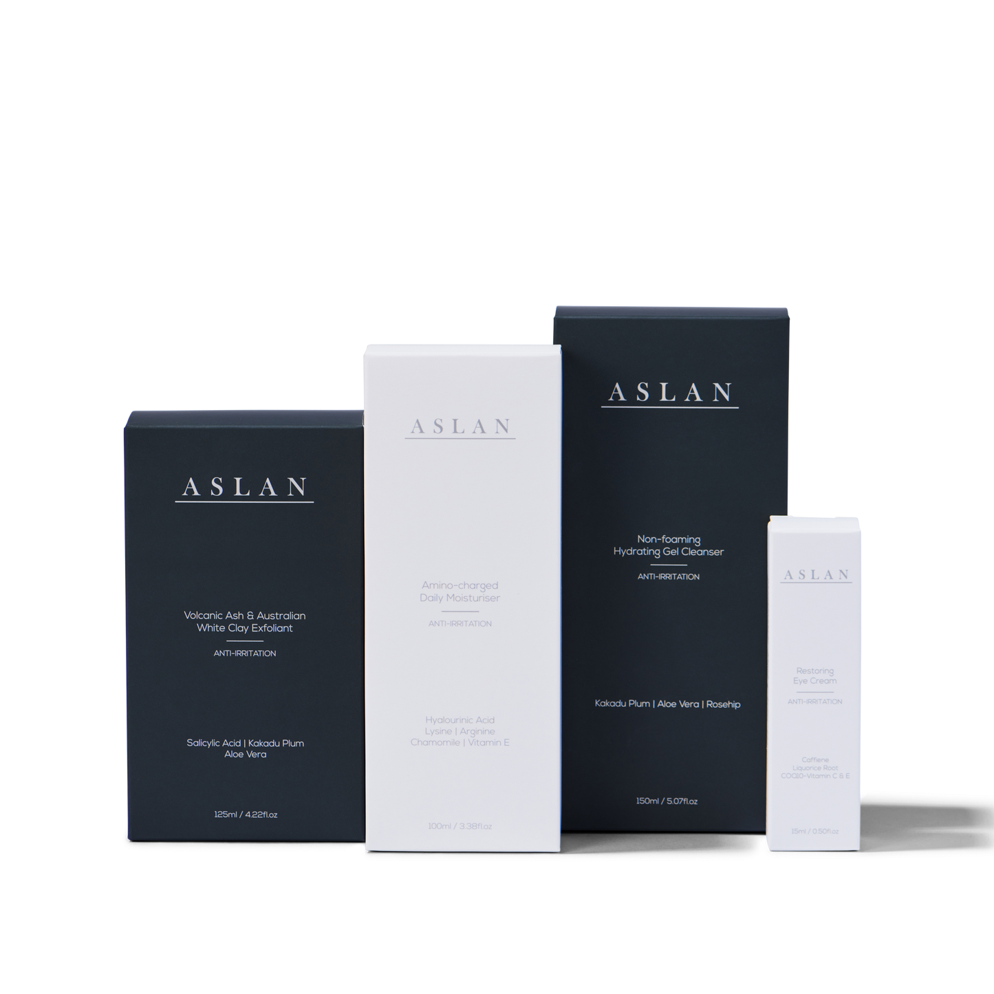 Aslan skin men's skincare for sensitive skin. The Ultimate Ritual set Featuring four high-performing, skincare formulations, providing a complete morning and night time routine to transform your skin health and boost your confidence. The Ultimate Ritual includes: Non-foaming Hydrating Gel Cleanser 150ml Australian White Clay and Volcanic Ash Exfoliant 125ml Restoring Eye Cream 15ml Amino-charged Moisturiser 100ml